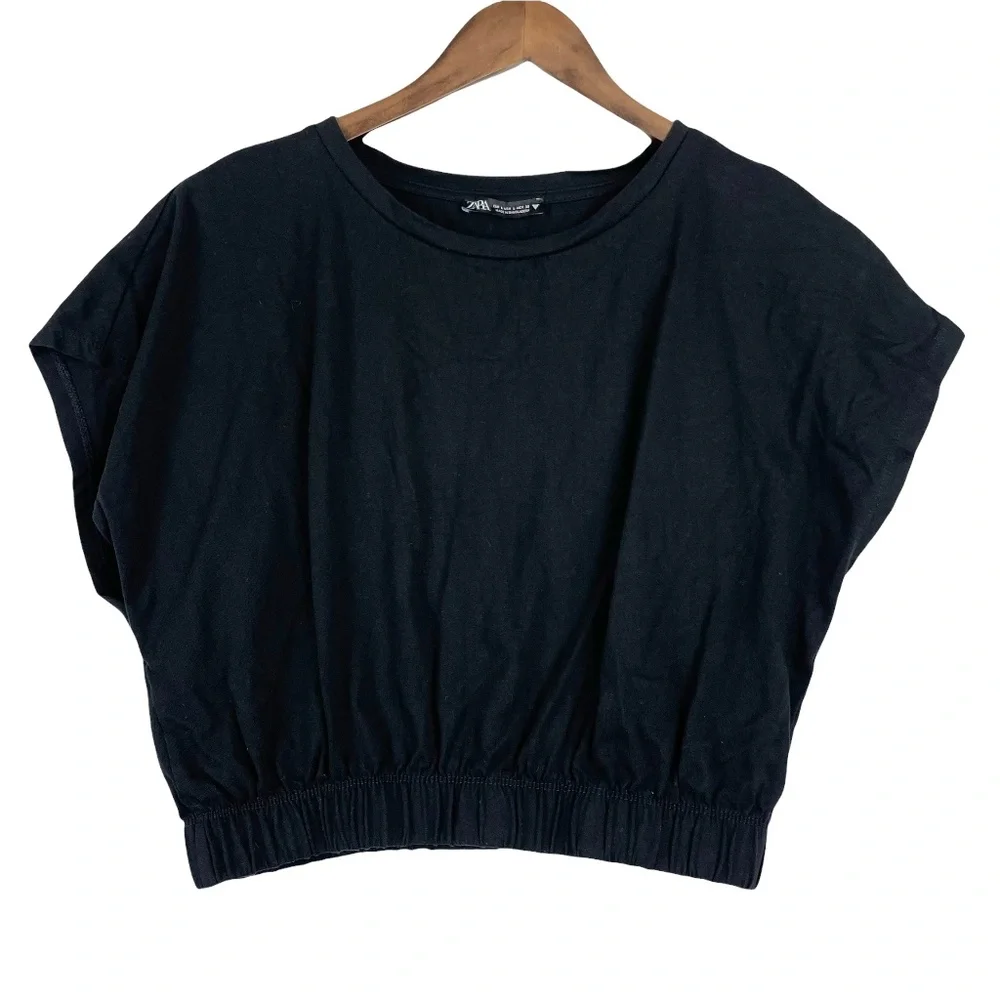 Zara Black Dolman Sleeve Elastic Waist Crop Top Size Large - Picture 3 of 8